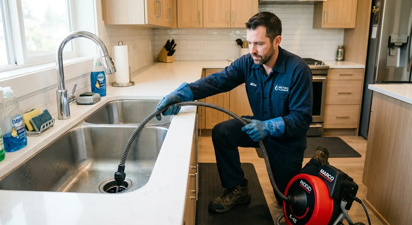 Drain cleaning technician using a motorized snake on a kitchen sink in Avra Valley