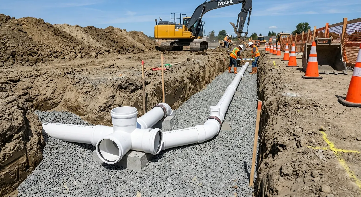 New PVC sewer pipe installation in open trench for Commercial Drain Cleaning in Avra Valley