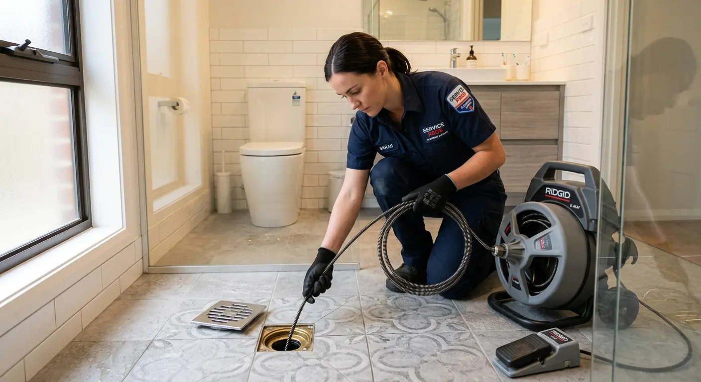 Technician clearing a bathroom floor drain for Sewer Line Installation in Avra Valley
